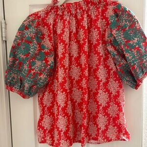 THML Size Medium Red Floral Top with Teal Embroidered Sleeves